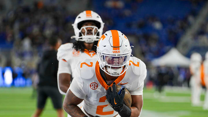 Tennessee running back Star Thomas (9) pulls against Tennessee running back Peyton Lewis (2) during warm-ups for a NCAA football game against Kentucky at Kroger Field in Lexington, Kentucky on Oct. 25, 2025.