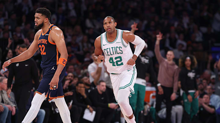 May 12, 2025; New York, New York, USA; Boston Celtics center Al Horford (42) runs up court after making a three point basket in the first half during game four of the second round for the 2025 NBA Playoffs as New York Knicks center Karl-Anthony Towns (32) reacts at Madison Square Garden. Mandatory Credit: Vincent Carchietta-Imagn Images May 12, 2025; New York, New York, USA; Boston Celtics center Al Horford (42) runs up court after making a three point basket in the first half during game four of the second round for the 2025 NBA Playoffs as New York Knicks center Karl-Anthony Towns (32) reacts at Madison Square Garden. Mandatory Credit: Vincent Carchietta-Imagn Images