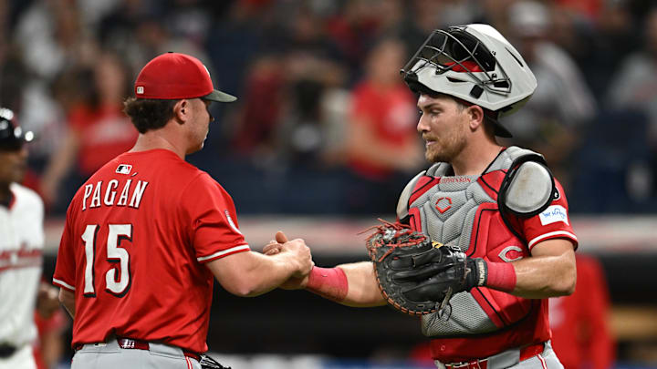 Jun 9, 2025; Cleveland, Ohio, USA; Cincinnati Reds relief pitcher Emilio Pagan (15) celebrates with catcher Tyler Stephenson (37) after the Reds beat the Cleveland Guardians at Progressive Field. Mandatory Credit: Ken Blaze-Imagn Images Jun 9, 2025; Cleveland, Ohio, USA; Cincinnati Reds relief pitcher Emilio Pagan (15) celebrates with catcher Tyler Stephenson (37) after the Reds beat the Cleveland Guardians at Progressive Field. Mandatory Credit: Ken Blaze-Imagn Images