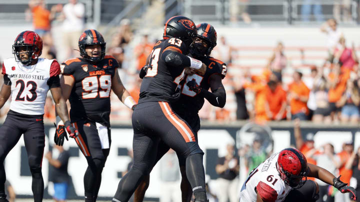 Sep 16, 2023; Corvallis, Oregon, USA; Oregon State Beavers defensive lineman Takari Hickle (43) celebrates after a sack during the second half against the San Diego State Aztecs at Reser Stadium. Mandatory Credit: Soobum Im-USA TODAY Sports Sep 16, 2023; Corvallis, Oregon, USA; Oregon State Beavers defensive lineman Takari Hickle (43) celebrates after a sack during the second half against the San Diego State Aztecs at Reser Stadium. Mandatory Credit: Soobum Im-USA TODAY Sports