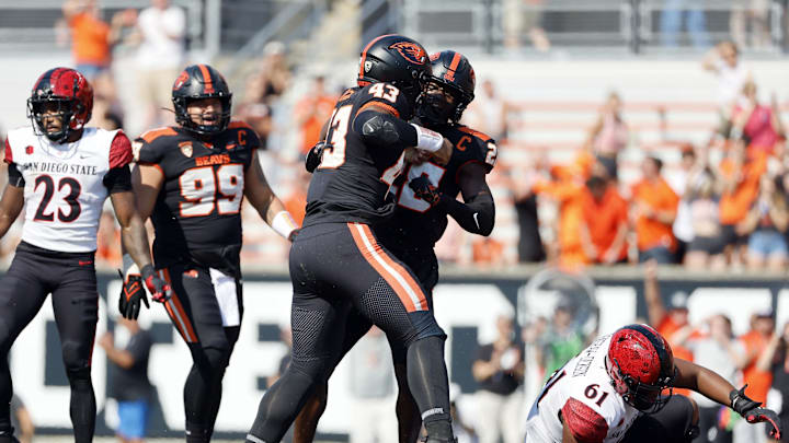 Sep 16, 2023; Corvallis, Oregon, USA; Oregon State Beavers defensive lineman Takari Hickle (43) celebrates after a sack during the second half against the San Diego State Aztecs at Reser Stadium. Mandatory Credit: Soobum Im-Imagn Images