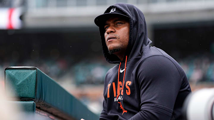 Detroit Tigers pitcher Framber Valdez (59) looks on from the dugout during the first inning against Kansas City Royals at Comerica Park in Detroit on Thursday, April 16, 2026.