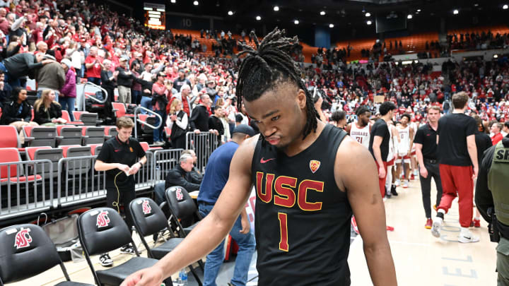 Feb 29, 2024; Pullman, Washington, USA; USC Trojans guard Isaiah Collier (1) walks off the court after a game against the Washington State Cougars at Friel Court at Beasley Coliseum. Washington State Cougars won 75-72. Mandatory Credit: James Snook-USA TODAY Sports