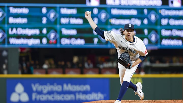 Seattle Mariners starting pitcher Logan Gilbert (36) throws against the Houston Astros during the second inning at T-Mobile Park on April 7.