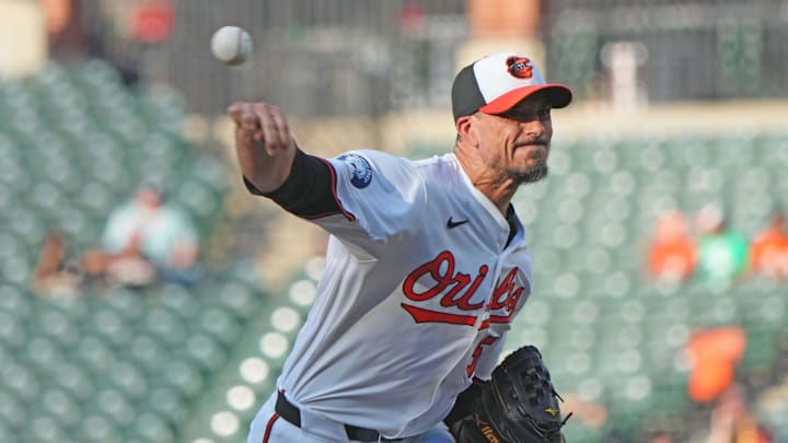 Jun 24, 2025; Baltimore, Maryland, USA; Baltimore Orioles pitcher Charlie Morton (50) delivers during the first inning against the Texas Rangers at Oriole Park at Camden Yards. Jun 24, 2025; Baltimore, Maryland, USA; Baltimore Orioles pitcher Charlie Morton (50) delivers during the first inning against the Texas Rangers at Oriole Park at Camden Yards.