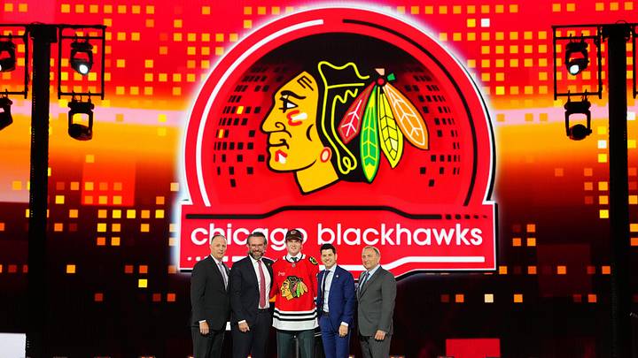 Jun 28, 2024; Las Vegas, Nevada, USA; Marek Vanacker is selected by the Chicago Blackhawks with the 27th overall pick in the first round of the 2024 NHL Draft at The Sphere. Mandatory Credit: Stephen R. Sylvanie-Imagn Images