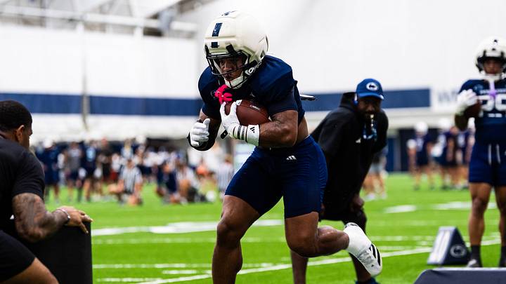 Penn State Nittany Lions running back James Peoples runs through a drill during a practice session inside Holuba Hall. Penn State Nittany Lions running back James Peoples runs through a drill during a practice session inside Holuba Hall.
