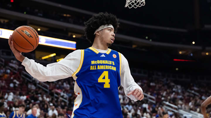 Mar 31, 2026; Glendale, AZ, USA; Tyran Stokes (4) during the McDonalds All American Boys Game at Desert Diamond Arena. Mandatory Credit: Mark J. Rebilas-Imagn Images