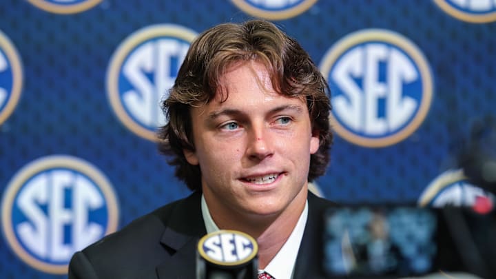 Oklahoma quarterback John Mateer spoke at the podium at SEC Media Days in Atlanta.