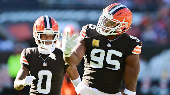 Nov 3, 2024; Cleveland, Ohio, USA; Cleveland Browns defensive end Myles Garrett (95) celebrates after sacking Los Angeles Chargers quarterback Justin Herbert (not pictured) for the third time during the first half at Huntington Bank Field. Nov 3, 2024; Cleveland, Ohio, USA; Cleveland Browns defensive end Myles Garrett (95) celebrates after sacking Los Angeles Chargers quarterback Justin Herbert (not pictured) for the third time during the first half at Huntington Bank Field.