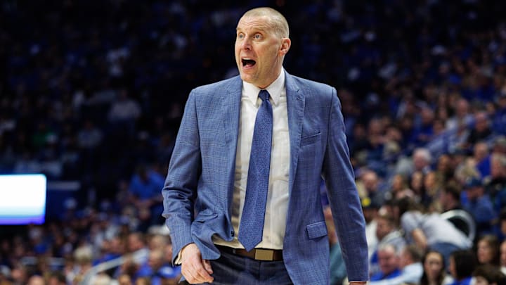 Feb 8, 2025; Lexington, Kentucky, USA; Kentucky Wildcats head coach Mark Pope yells to his players during the first half against the South Carolina Gamecocks at Rupp Arena at Central Bank Center. Mandatory Credit: Jordan Prather-Imagn Images