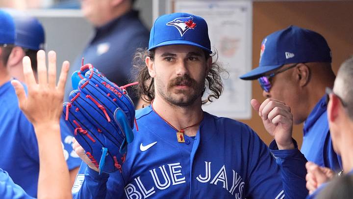 Toronto Blue Jays starting pitcher Dylan Cease (84) gets congratulated after the first inning against the Baltimore Orioles at Rogers Centre. Mandatory Credit: John E. Sokolowski-Imagn Images Toronto Blue Jays starting pitcher Dylan Cease (84) gets congratulated after the first inning against the Baltimore Orioles at Rogers Centre. Mandatory Credit: John E. Sokolowski-Imagn Images