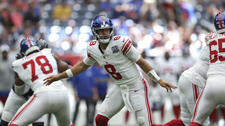 Aug 17, 2024; Houston, Texas, USA; New York Giants quarterback Daniel Jones (8) in action during the game against the Houston Texans at NRG Stadium. Mandatory Credit: Troy Taormina-USA TODAY Sports