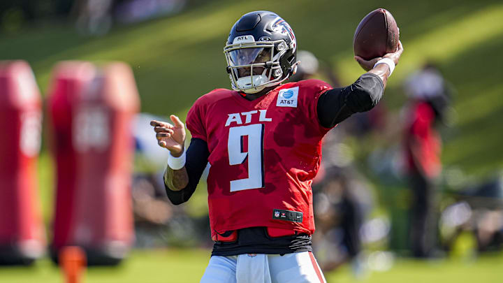 Jul 29, 2025; Atlanta, GA, USA; Atlanta Falcons quarterback Michael Penix Jr. (9) passes the ball during practice at training camp at IBM Performance Field. Mandatory Credit: Dale Zanine-Imagn Images