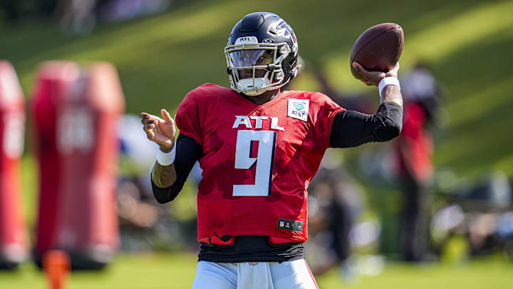 Jul 29, 2025; Atlanta, GA, USA; Atlanta Falcons quarterback Michael Penix Jr. (9) passes the ball during practice at training camp at IBM Performance Field. Mandatory Credit: Dale Zanine-Imagn Images
