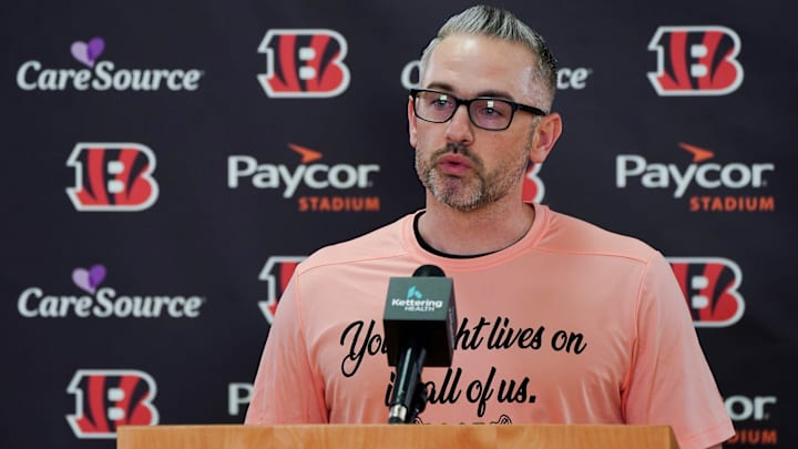 Cincinnati Bengals offensive coordinator Dan Pitcher speaks at a press conference for the 2025 NFL Draft, Saturday, April 26, 2025, at Paycor Stadium in Downtown Cincinnati.