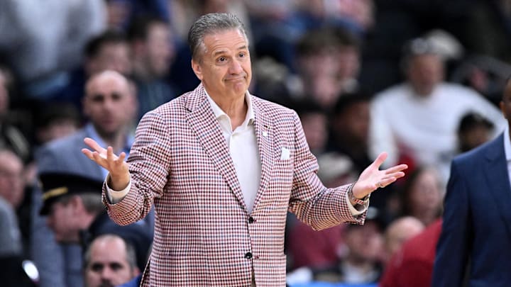 Mar 22, 2025; Providence, RI, USA; Arkansas Razorbacks head coach John Calipari during the first half of a second round men’s NCAA Tournament game against the St. John's Red Storm at Amica Mutual Pavilion. Calipari believes the college transfer portal is wreaking havoc on the recruiting process, especially for high school seniors.