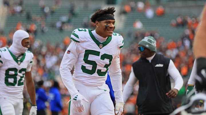 Oct 26, 2025; Cincinnati, Ohio, USA; New York Jets linebacker Mykal Walker (53) celebrates after winning the game against the Cincinnati Bengals at Paycor Stadium. Mandatory Credit: Katie Stratman-Imagn Images