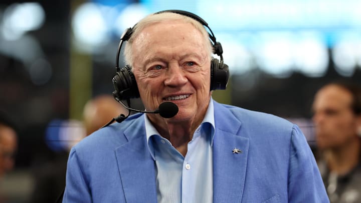 Aug 24, 2024; Arlington, Texas, USA; Dallas Cowboys owner Jerry Jones talks to the media before the game against the Los Angeles Chargers at AT&T Stadium. Mandatory Credit: Tim Heitman-Imagn Images
