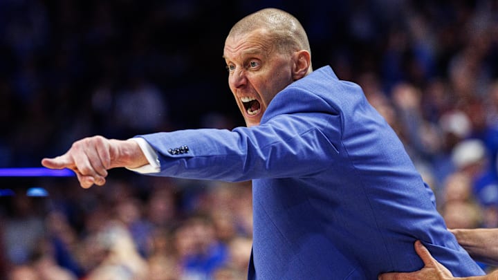 Dec 13, 2025; Lexington, Kentucky, USA; Kentucky Wildcats head coach Mark Pope yells to his players during the second half against the Indiana Hoosiers at Rupp Arena at Central Bank Center. Mandatory Credit: Jordan Prather-Imagn Images Dec 13, 2025; Lexington, Kentucky, USA; Kentucky Wildcats head coach Mark Pope yells to his players during the second half against the Indiana Hoosiers at Rupp Arena at Central Bank Center. Mandatory Credit: Jordan Prather-Imagn Images