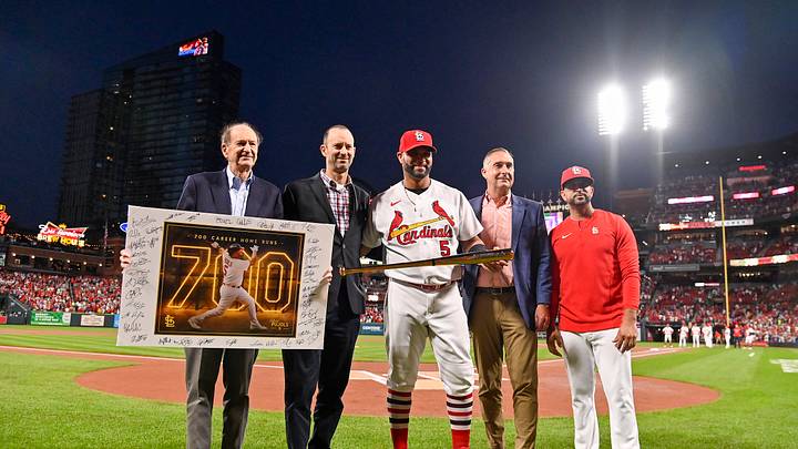 Sep 30, 2022; St. Louis, Missouri, USA; (L-R) St. Louis Cardinals chairman Bill DeWitt Sr president Bill DeWitt III designated hitter Albert Pujols (5) president of baseball operations John Mozeliak and manager Oliver Marmol (37) pose for photo during a ceremony to celebrate Albert Pujols 700th career home run before a game against the Pittsburgh Pirates at Busch Stadium. Mandatory Credit: Jeff Curry-USA TODAY Sports Sep 30, 2022; St. Louis, Missouri, USA; (L-R) St. Louis Cardinals chairman Bill DeWitt Sr president Bill DeWitt III designated hitter Albert Pujols (5) president of baseball operations John Mozeliak and manager Oliver Marmol (37) pose for photo during a ceremony to celebrate Albert Pujols 700th career home run before a game against the Pittsburgh Pirates at Busch Stadium. Mandatory Credit: Jeff Curry-USA TODAY Sports