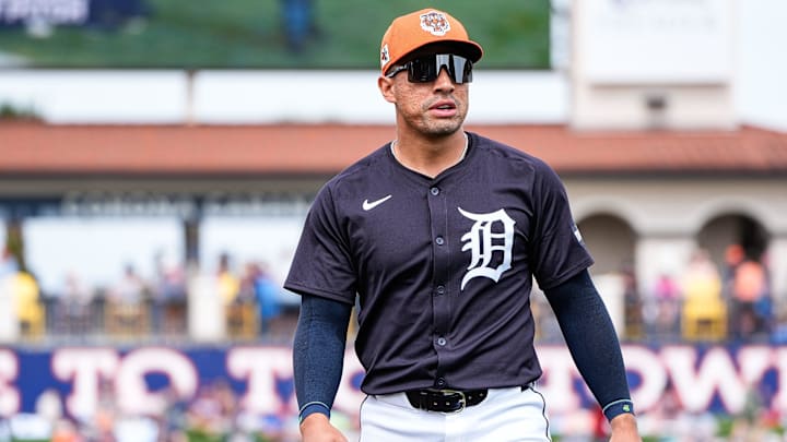 Detroit Tigers infielder Jahmai Jones warms up before a Grapefruit League game against Philadelphia Phillies at Joker Marchant Stadium in Lakeland, Fla. on Saturday, Feb. 22, 2025.
