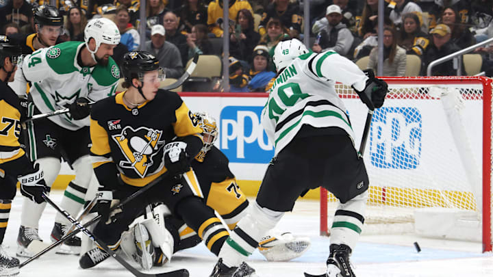 Mar 28, 2026; Pittsburgh, Pennsylvania, USA;  Dallas Stars center Justin Hryckowian (49) scores a goal against the Pittsburgh Penguins during the second period at PPG Paints Arena. Mandatory Credit: Charles LeClaire-Imagn Images