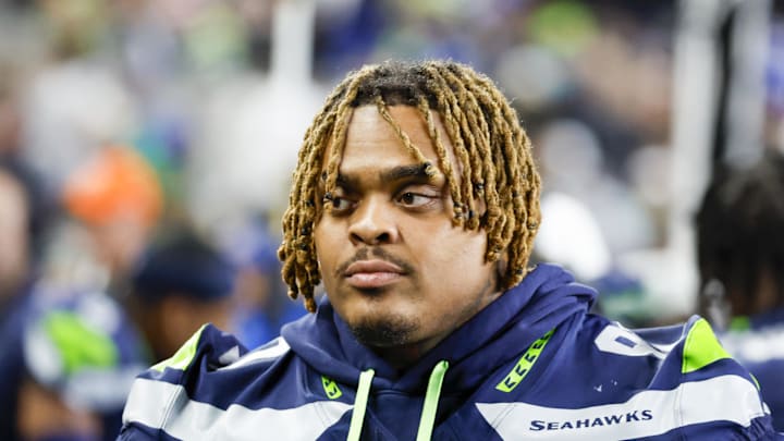 Aug 24, 2024; Seattle, Washington, USA; Seattle Seahawks defensive tackle Byron Murphy II (91) stands on the sideline during the fourth quarter against the Cleveland Browns at Lumen Field. Mandatory Credit: Joe Nicholson-Imagn Images