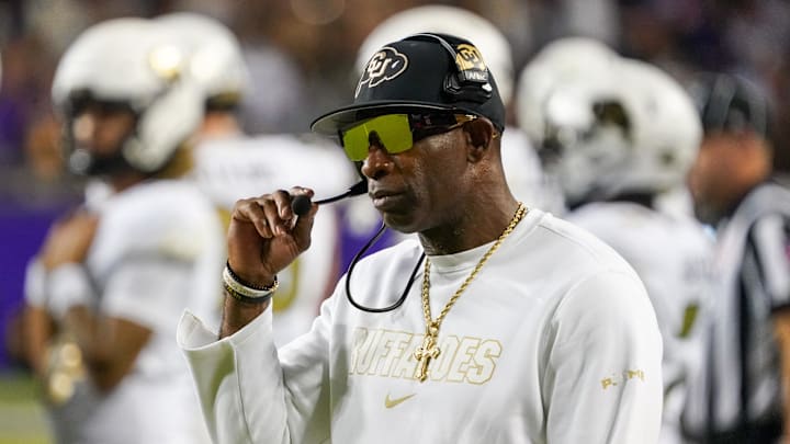Oct 4, 2025; Fort Worth, Texas, USA; Colorado Buffaloes head coach Deion Sanders on the sidelines during the first half against the TCU Horned Frogs at Amon G. Carter Stadium. Oct 4, 2025; Fort Worth, Texas, USA; Colorado Buffaloes head coach Deion Sanders on the sidelines during the first half against the TCU Horned Frogs at Amon G. Carter Stadium.