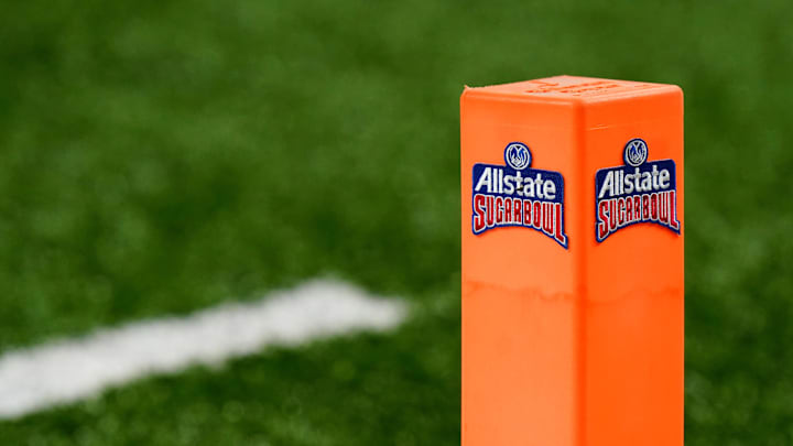 Jan 1, 2022; New Orleans, LA, USA; A general view of a endzone pylon with the logo for the 2022 Sugar Bowl game between the Baylor Bears and the Mississippi Rebels during the first half at Caesars Superdome. Mandatory Credit: John David Mercer-Imagn Images