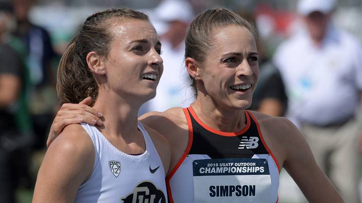 Jun 23, 2018; Des Moines, IA, USA; Jenny Simpson aka Jennifer Simpson (right) and Dani Jones aka Danielle Jones of Colorado embrace after placing second and fifth in the women's 1,500m during the USA Championships at Drake Stadium. Mandatory Credit: Kirby Lee-USA TODAY Sports