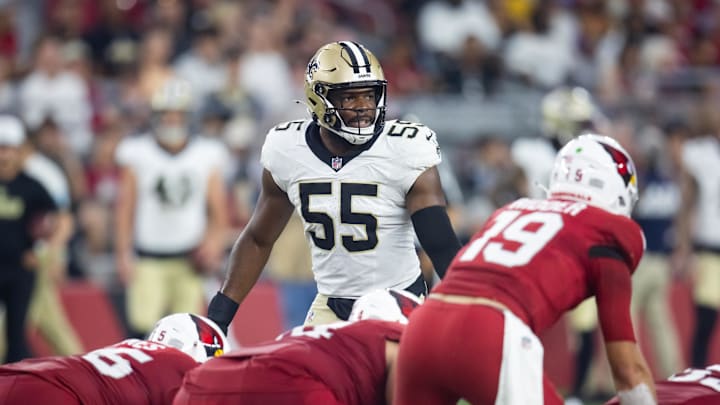 Aug 10, 2024; Glendale, Arizona, USA; New Orleans Saints  defensive end Isaiah Foskey (55) against the Arizona Cardinals during a preseason NFL game at State Farm Stadium. Mandatory Credit: Mark J. Rebilas-Imagn Images