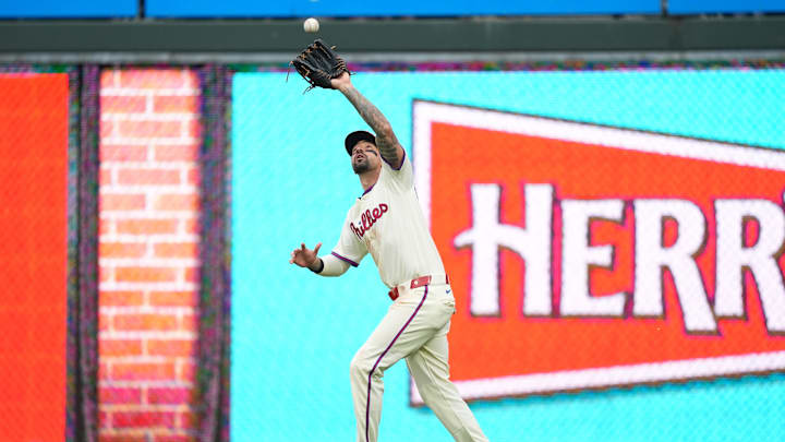 Jun 14, 2025; Philadelphia, Pennsylvania, USA; Philadelphia Phillies outfielder Nick Castellanos (8) fields a fly ball against the Toronto Blue Jays in the sixth inning at Citizens Bank Park. Mandatory Credit: Kyle Ross-Imagn Images Jun 14, 2025; Philadelphia, Pennsylvania, USA; Philadelphia Phillies outfielder Nick Castellanos (8) fields a fly ball against the Toronto Blue Jays in the sixth inning at Citizens Bank Park. Mandatory Credit: Kyle Ross-Imagn Images