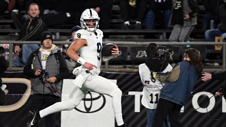 Nov 16, 2024; West Lafayette, Indiana, USA; Penn State Nittany Lions quarterback Beau Pribula (9) runs the ball toward the end zone during the second half against the Purdue Boilermakers at Ross-Ade Stadium. Mandatory Credit: Marc Lebryk-Imagn Images Nov 16, 2024; West Lafayette, Indiana, USA; Penn State Nittany Lions quarterback Beau Pribula (9) runs the ball toward the end zone during the second half against the Purdue Boilermakers at Ross-Ade Stadium. Mandatory Credit: Marc Lebryk-Imagn Images