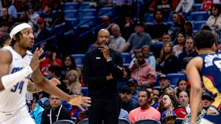 Mar 13, 2025; New Orleans, Louisiana, USA;  Orlando Magic head coach Jamahl Mosley looks on against the New Orleans Pelicans during the first half at Smoothie King Center. Mandatory Credit: Stephen Lew-Imagn Images
