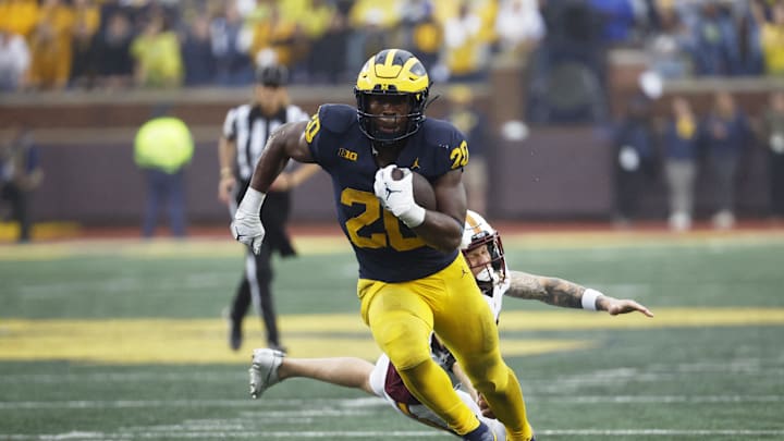 Sep 28, 2024; Ann Arbor, Michigan, USA; Michigan Wolverines running back Kalel Mullings (20) rushes in the second half against the Minnesota Golden Gophers at Michigan Stadium. Mandatory Credit: Rick Osentoski-Imagn Images Sep 28, 2024; Ann Arbor, Michigan, USA; Michigan Wolverines running back Kalel Mullings (20) rushes in the second half against the Minnesota Golden Gophers at Michigan Stadium. Mandatory Credit: Rick Osentoski-Imagn Images