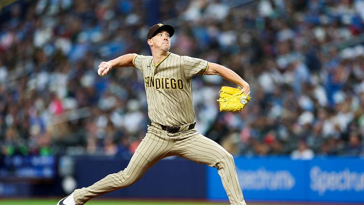 Aug 29, 2026; St. Petersburg, Florida, USA; San Diego Padres starting pitcher Walker Buehler (10) throws a pitch against the Tampa Bay Rays in the first inning at Tropicana Field. Mandatory Credit: Nathan Ray Seebeck-Imagn Images