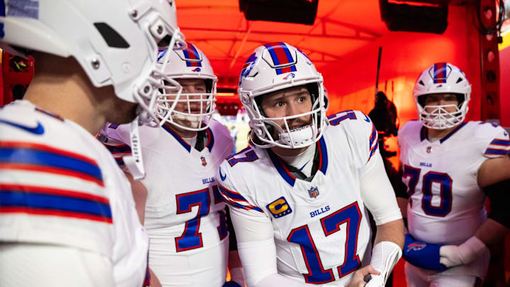 Jan 26, 2025; Kansas City, MO, USA; Buffalo Bills quarterback Josh Allen (17) with teammates prior to the game against the Kansas City Chiefs in the AFC Championship game at GEHA Field at Arrowhead Stadium.