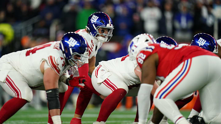 Dec 1, 2025; Foxborough, Massachusetts, USA; New York Giants quarterback Jaxson Dart (6) waits for the snap at the line of scrimmage in the third quarter against the New England Patriots at Gillette Stadium.  