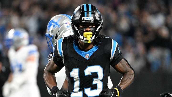 Carolina Panthers wide receiver John Metchie III (13) reacts after a play against the Detroit Lions Carolina Panthers wide receiver John Metchie III (13) reacts after a play against the Detroit Lions