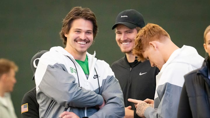Oregon tight end Patrick Herbert, left, and his brother Los Angeles Chargers quarterback and former Oregon quarterback Justin Herbert during the Oregon football’s Pro Day Tuesday, March 18, 2025, at the Moshofsky Center in Eugene, Ore.