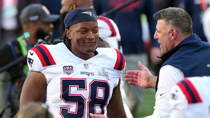 Feb 8, 2026; Santa Clara, CA, USA; New England Patriots guard Jared Wilson (58) and head coach Mike Vrabel (right) talk before Super Bowl LX against the Seattle Seahawks at Levi's Stadium. Mandatory Credit: Darren Yamashita-Imagn Images Feb 8, 2026; Santa Clara, CA, USA; New England Patriots guard Jared Wilson (58) and head coach Mike Vrabel (right) talk before Super Bowl LX against the Seattle Seahawks at Levi's Stadium. Mandatory Credit: Darren Yamashita-Imagn Images