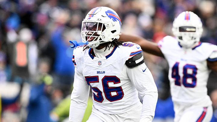 Jan 5, 2025; Foxborough, Massachusetts, USA; Buffalo Bills defensive end Javon Solomon (56) reacts after recovering a fumble against the New England Patriots during the second half at Gillette Stadium. 