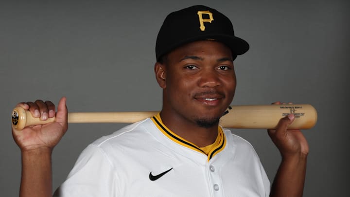 Feb 18, 2025; Bradenton, FL, USA; Pittsburgh Pirates infielder Termarr Johnson (81) poses for a photo during media day at Pirate City. Mandatory Credit: Kim Klement Neitzel-Imagn Images
