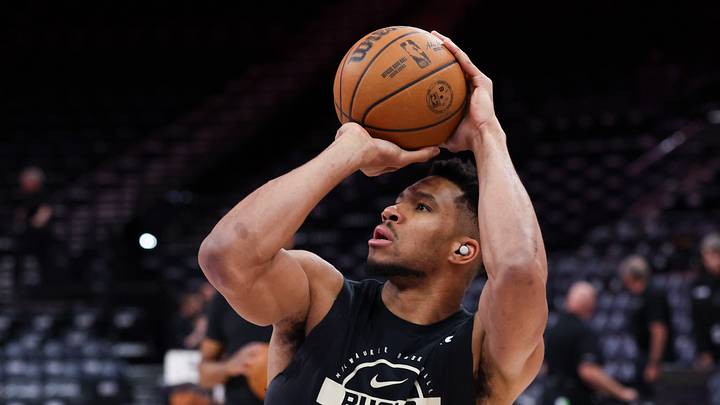 Mar 19, 2026; Salt Lake City, Utah, USA; Milwaukee Bucks forward Giannis Antetokounmpo (34) warms up before the game against the Utah Jazz at Delta Center. Mandatory Credit: Rob Gray-Imagn Images
