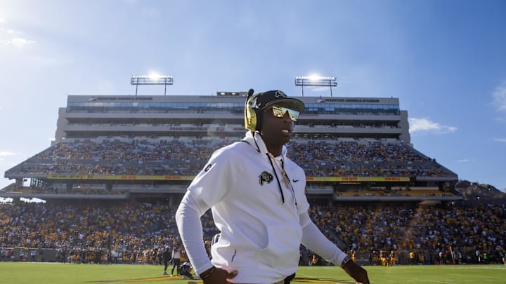 Oct 7, 2023; Tempe, Arizona, USA; Colorado Buffaloes head coach Deion Sanders against the Arizona State Sun Devils at Mountain America Stadium. Mandatory Credit: Mark J. Rebilas-Imagn Images