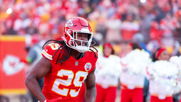 Jan 26, 2025; Kansas City, MO, USA; Kansas City Chiefs running back Kareem Hunt (29) against the Buffalo Bills in the AFC Championship game at GEHA Field at Arrowhead Stadium. Mandatory Credit: Mark J. Rebilas-Imagn Images
