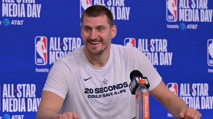 Feb 14, 2026; Los Angeles, CA, USA; Team World center Nikola Jokic (15) of the Denver Nuggets during a news conference for the NBA All Star game at Intuit Dome. Mandatory Credit: Jayne Kamin-Oncea-Imagn Images Feb 14, 2026; Los Angeles, CA, USA; Team World center Nikola Jokic (15) of the Denver Nuggets during a news conference for the NBA All Star game at Intuit Dome. Mandatory Credit: Jayne Kamin-Oncea-Imagn Images