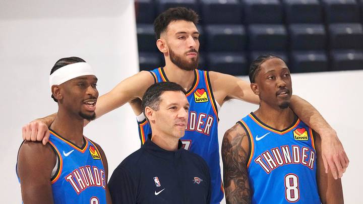 Shai Gilgeous-Alexander (2) Coach Mark Daigneault, Chet Holmgren (7) and Jalen Williams (8) during the Thunder Media Day for the 25-26 NBA season at the Paycom Center Monday, Sept. 29, 2025. Shai Gilgeous-Alexander (2) Coach Mark Daigneault, Chet Holmgren (7) and Jalen Williams (8) during the Thunder Media Day for the 25-26 NBA season at the Paycom Center Monday, Sept. 29, 2025.