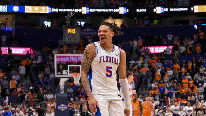 Mar 16, 2025; Nashville, TN, USA;  Florida Gators guard Will Richard (5) reacts to the Tennessee Volunteers bench during the second half at the 2025 SEC Championship Game at Bridgestone Arena. Mandatory Credit: Steve Roberts-Imagn Images